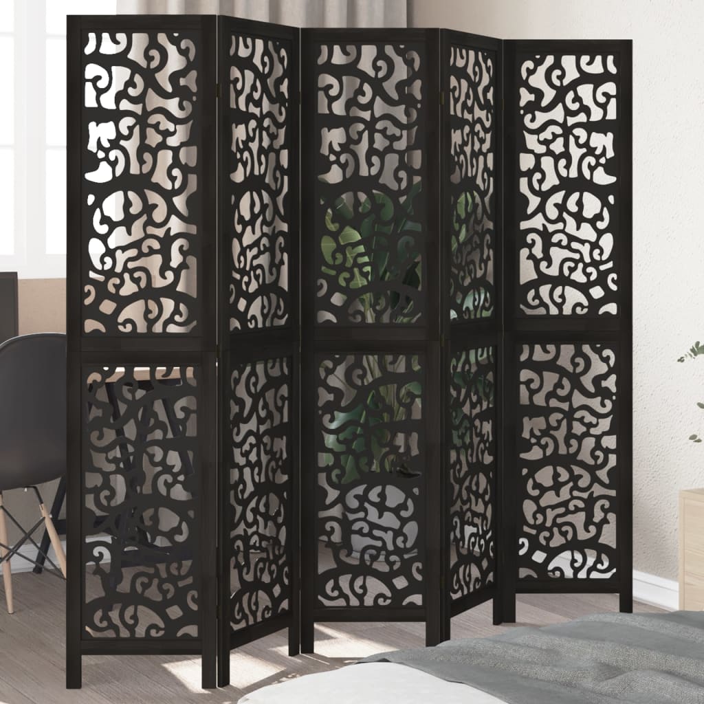 Room Divider 5 Panels Black Solid Wood Paulownia